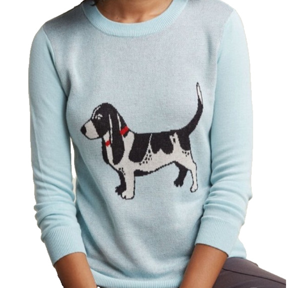 ModCloth Light Blue Intarsia Knit Hound Dog Crew Neck Sweater Basset Dog Lover - Picture 1 of 10